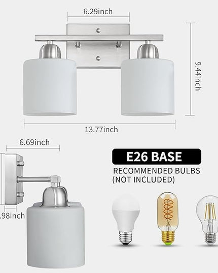 Brushed Nickel Bathroom Light, 2 Light Bathroom Vanity Light Brushed Nickel, Vanity Lamp with Milky White Frosted Glass Shades, E26 Socket