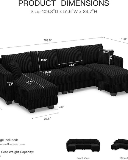 Belffin U Shaped Couch with Reversible Chaises Sectional Couches for Living Room Sectional Couch with Ottomans Corduroy (Black, U Shaped)