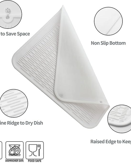 Silicone Dish Drying Mat for Multiple Usage,Easy clean,Eco-friendly,Heat-resistant Silicone Mat for Kitchen Counter or Sink,Refrigerator or Drawer Liner White XL 18 inches x 16 inches
