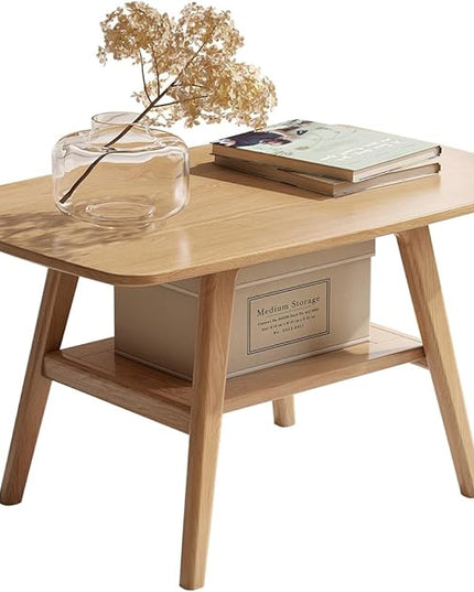 100% Solid Oak Wood Coffee Table for Living Room, Small Table with Shelf Storage, Mid Century Modern Coffee Tables with Rounded Corners for Home (Natural, 31.49" x 19.68" x 17.32")