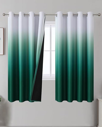 Estelar Textiler Blackout Ombre Curtains 63 Inch Length for Bedroom, Thermal Insulated Grommet Energy Saving Window Treatment Drapes for Living Room, Green and Greyish White,52x63 Inch,2 Panels