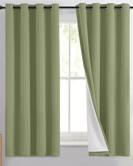 Yakamok 100% Blackout Curtain Panels 63 inches Cold and Light Blocking Drapes for Nursery, 2 Thick Layers Thermal Insulated Draperies (2 Pieces, 50 Wide Each Panel, Sage Front with White Backing)
