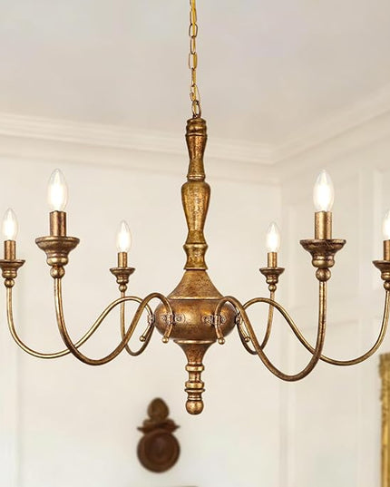 6-Light Antique Gold Chandelier for Dining Room, Farmhouse Rustic Chandelier, Adjustable Vintage Hanging Light Fixture for Bedroom, Kitchen, Living Room, Entryway, Foyer