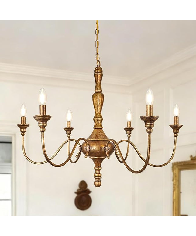 6-Light Antique Gold Chandelier for Dining Room, Farmhouse Rustic Chandelier, Adjustable Vintage Hanging Light Fixture for Bedroom, Kitchen, Living Room, Entryway, Foyer