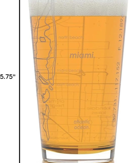 Well Told Engraved Miami Florida Map Pint Glass, Etched Beer Gift (16 oz, Clear) City Map Pint, Custom City Glassware, Gifts For Beer Lovers