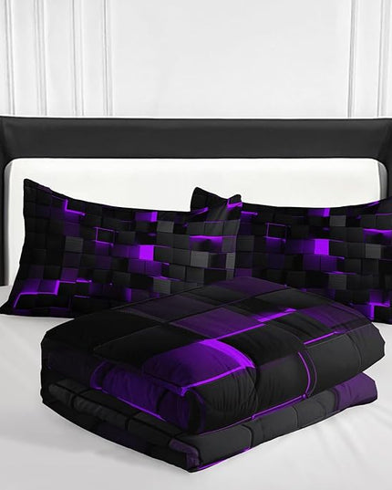 Geometric Violet Black Comforter Set,Light Honeycomb 3 Piece Bedding Set Twin Size for Teen Boys,Modern Bedding Quilt Set Geometry Decor,Microfiber Lightweight 1 Comforter 2 Pillowcases All Season