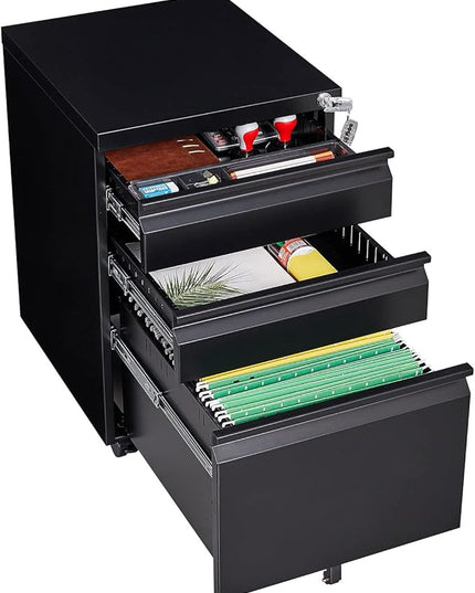 3-Drawer Lockable Mobile File Cabinet – Metal A4/Letter/Legal Size Storage for Home/Office, Pre-Assembled, Space-Saving Under-Desk Cabinet with Wheels (Black)
