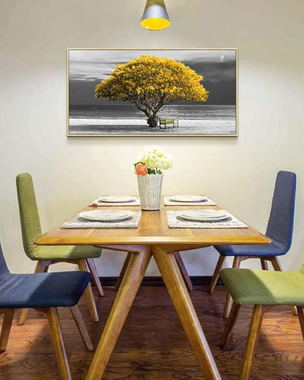 Framed Canvas Wall Art For Living Room & Bedroom - Large Size Black And White Scenery - Boho Home Decor - Yellow Trees - Natural Wood Frames