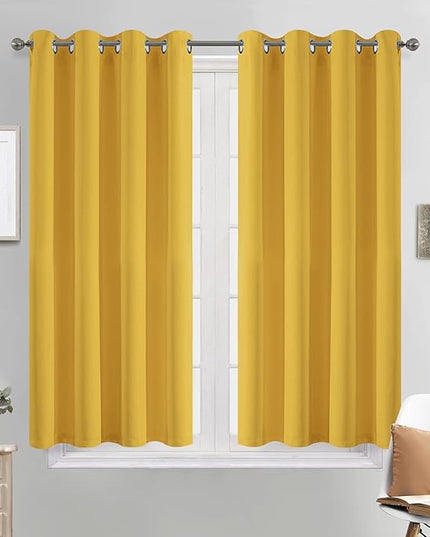 Yakamok 45 Inch Length Blackout Curtains for Bedroom, Room Darkening Thermal Insulated Grommet top Window Drapes for Living Room, 52 x 45 Inch, Mustard Yellow, Set of 2