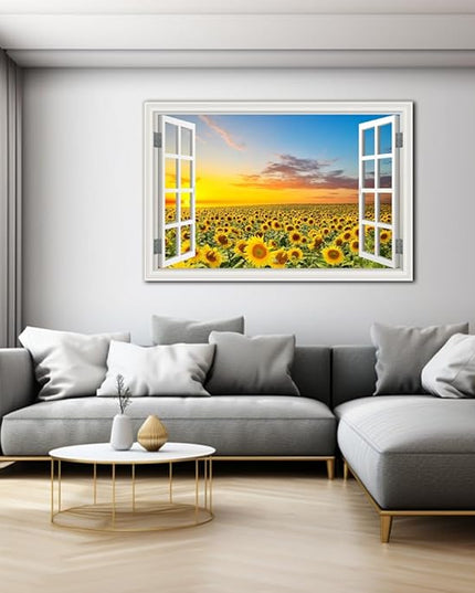 Sunflower Wall Art Decor Flower Canvas Pictures for Living Room Rustic Painting for Wall Window Style Sunset Art Prints for Bedroom Nature Floral Landscape Artwork for Home Office Kitchen Decorations,