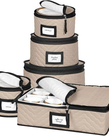 China Storage Containers 5-Piece Set Moving Boxes for Dinnerware, Glasses, Plates, Mugs and Saucers Sturdy Quilted Microfiber Dish Organizer with Dividers for Seasonal Storage - Holds Set of 12, Brown