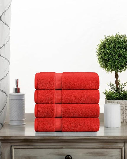 Superior Egyptian Cotton Pile Hand Towel Set of 4, Ultra Soft Luxury Towels, Thick Plush Essentials, Absorbent Heavyweight, Guest Bath, Hotel, Spa, Home Bathroom, Shower Basics, Red