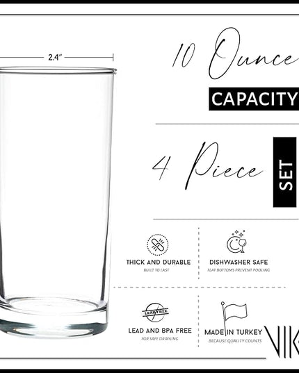 Vikko Water Glasses, Set of 4 Drinking Glasses, Thick and Durable Tumbler, 10 Ounce Tall Kitchen Glasses, Dishwasher Safe Highball Glass Tumbler, Heavy Duty Cups