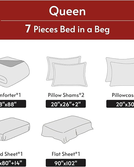 MUXHOMO 7 Pieces Queen Comforter Set, Reversible Bed in a Bag Queen Size, All Season Bedding Set with Comforter, Flat Sheet, Fitted Sheet, Pillowcases & Shams, Burgundy & Rose Gold