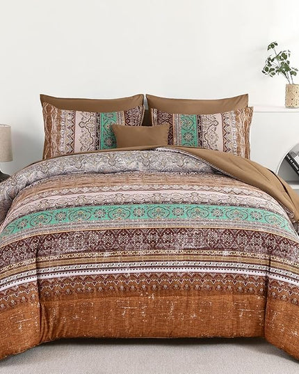 Cottolester Boho Comforter Set Full Size 8 Pieces, Brown Bohemian Striped Bed in a Bag, Paisley Soft Microfiber Bedding Comforter Set