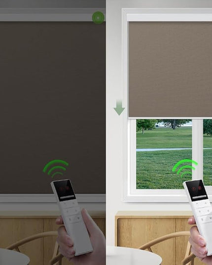 ZSHINE Motorized Blackout Window Blinds Customize Width (23-95 Inches) Remote Control Wireless and Rechargeable Roller Shades Blinds for Windows, Home, Office, Hotel, Club, Restaurant(82010E Bronze)