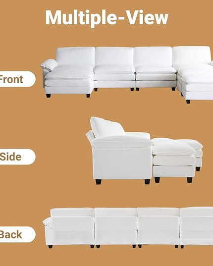 VINGLI 156" Cloud Corduroy Sectional Sofa, Comfy L-Shaped Extra Deep Seat Sofa Couch for Living Room,Modern 4-Seat Convertible Loveseat Sofa with Three Ottomans for Small Space(White)