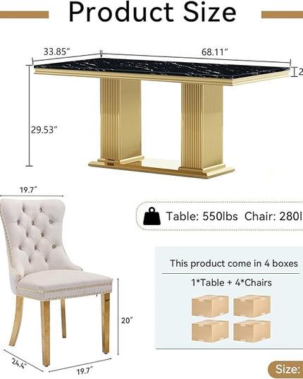 HomVent 68.11'' Faux Marble Dining Table Set for 4, Modern Rectangle Kitchen Table Set with Faux Marble Table Top & Stainless Steel Base for Kitchen Dining Room