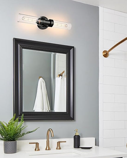 Farmhouse Black Wall Sconce 2-Light Cylinder Bathroom Vanity Lights with Clear Glass Shade 20-Inch Modern Matte Black Glass Sconces Wall Lighting for Bedroom Hallway Staircase