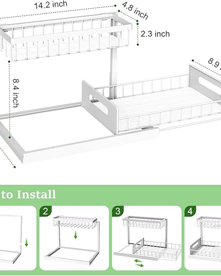 REALINN Under Sink Organizer, Pull Out Cabinet Organizer 2 Tier Slide Out Sink Shelf Cabinet Storage Shelves, Storage for Kitchen Bathroom, White, 2 Pack