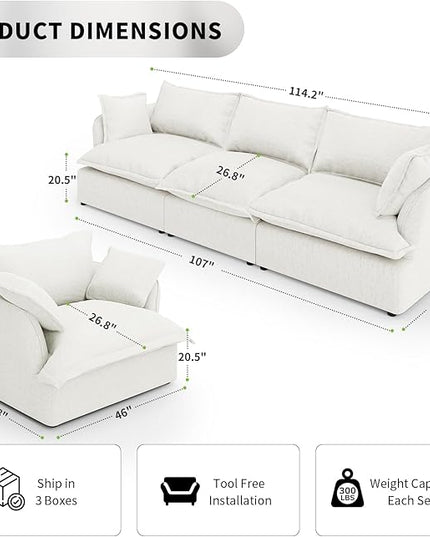 Cloud Modular Sectional Sofa Couch, 3 Seater with Armchair Convertible Sectional Couch, Down Feather Fill Sofa, Completely Removable Cover, Corner Sofa for Living Room, Office, Cream White