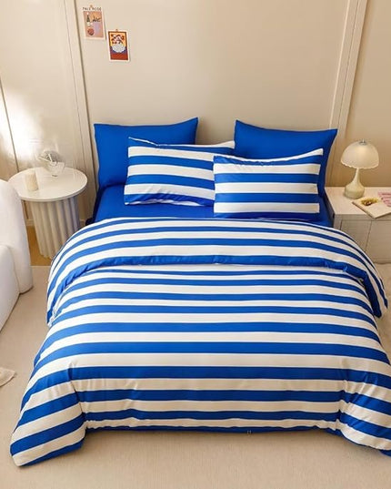 CLOTHKNOW Striped Comforter Set California King 3Pcs Blue White Bedding Comforter Sets Blue White Stripes Comforter Blue Comforter Sets