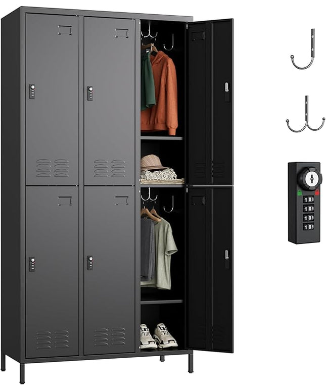 Aobabo Combination Lock Metal Storage Locker for Employees, 6 Doors Lockable Storage Locker with 18 Hooks for Office Gym School, Black, Assembly Required