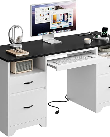 Bestier 59” Computer Desk with 4 Drawers, Office Desk with Storage, Modern Executive Desk with Charging Station, Keyboard Tray & Wooden Pedestals on Both Sides for Home Office & Studio, White