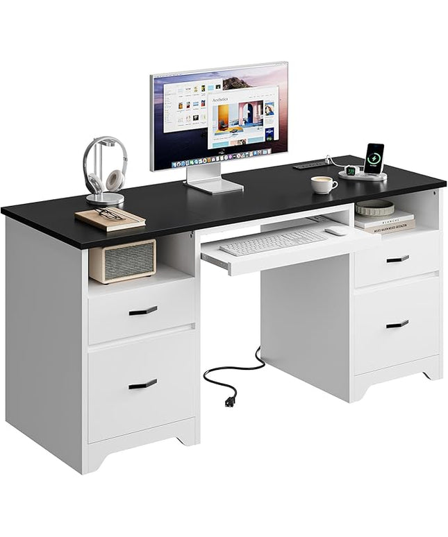 Bestier 59” Computer Desk with 4 Drawers, Office Desk with Storage, Modern Executive Desk with Charging Station, Keyboard Tray & Wooden Pedestals on Both Sides for Home Office & Studio, White