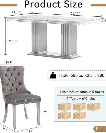 HomVent 68.11'' Rectangle Dining Table Set for 6, Modern Faux Marble Table Top & Stainless Steel Base (Silver with 6 Grey Chairs, 7 Pieces)