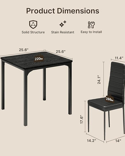 Gizoon Kitchen Table for 2, Table and Chairs Set of 2, 3 Piece Dinner Table Set with 2 Upholstered PU Leather Chairs for Dining Room, Living Room, Apartment, Small Space, Black
