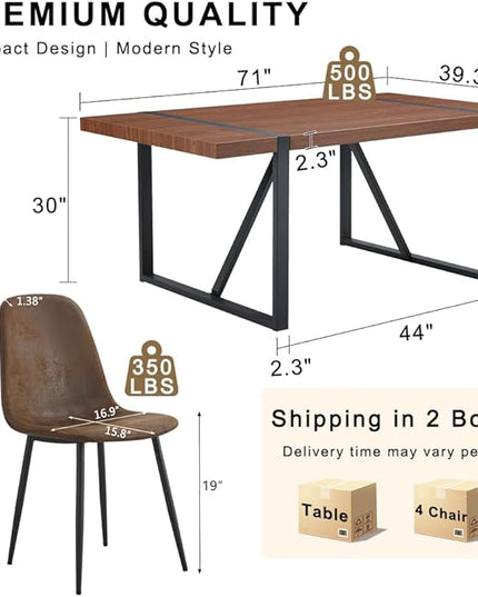 FURNITO Walnut Dining Table Set for 6, 71" Wood Kitchen Table Set with 6 Suede Nap Fabric Chairs, Modern Rectangular Dining Room Table and Chairs Set for Home, Kitchen, or Living Room