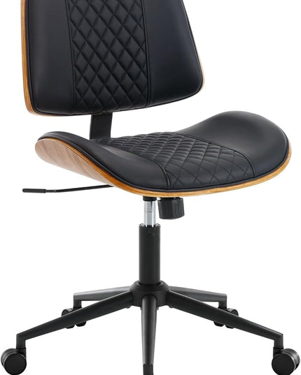BV Small Desk Chair, Mid Century Office Chair with Bentwood Back, Armless Task Swivel Chair with Wheels, Mid Back No Arms, Faux Leather Office Chairs for Small Space, Black