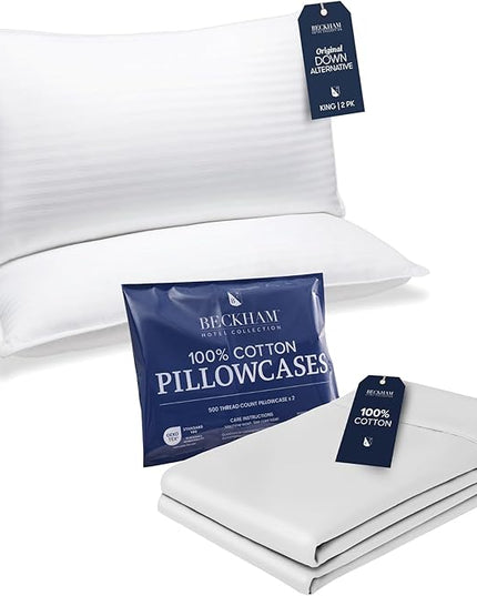 Beckham Hotel Collection Bed Pillows with Cotton Pillowcases King Size Sets of 2, Soft Down Alternative Pillows for Sleeping, Open End Cases for Easy Changing, White