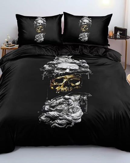 Modern Art Design Duvet Cover Set Full/Queen Size Black Golden Skull Comforter Covers Pillow Shams Black Background Bed Set Broken Statue Doce Bedding Sets