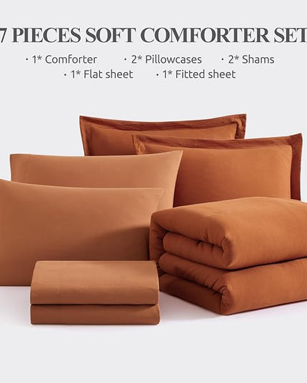 WRENSONGE King Size Comforter Set- 7 Pieces Soft Burnt Orange Bed in a Bag King with Fitted Sheet, Flat Sheet 2 Pillow Shams, and 2 Pillowcases- Warm Bedding Set for All Season