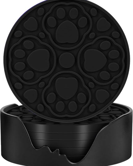 Black Silicone Coaster with Holder, 4 Inches Modern Bar Coasters Set of 6 for Desk, Tabletop Non Slip Decorative Cup Mat for Coffee, Drinks, Beer, Beverage - Dishwasher Safe