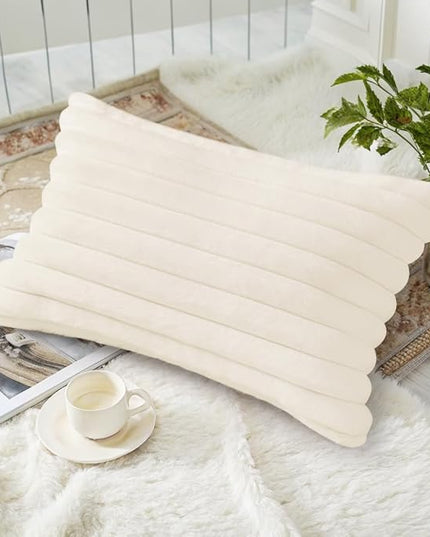 decorUhome Faux Fur Spring Throw Pillow Covers 12x20 Set of 2, Decorative Soft Plush Striped Neutral Couch Euro Pillow Covers with Velvet Back for Sofa, Bed, Living Room Home Decor, Cream White