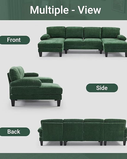 VINGLI 110" Sectional Couches for Living Room,U Shaped Couch with Double Chaise, 4-Seat Sofa Set with Chenille Fabric for Home Furniture,Forest Green