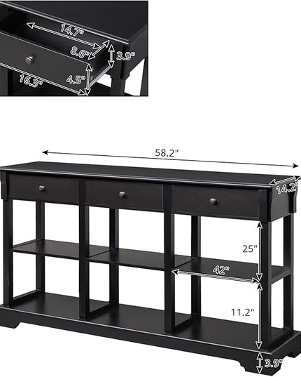 Karl home Console Table with 3 Drawers, 58" W Entryway Desk Sofa Side Table with 6 Bottom Cube Storage Shelves, Vintage TV Stand for Hallway Living Room Office, Black 32.5" H