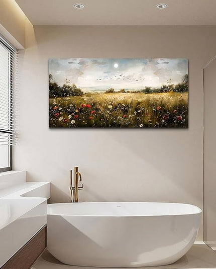Wapluam Wall Decor For Living Room Canvas Wall Art For Bedroom Wildflower Field Vintage Wall Art Canvas Prints Paintings Farmhouse Artworks Pictures Modern Bathroom Aesthetic Home Wall Decor 40"X20"