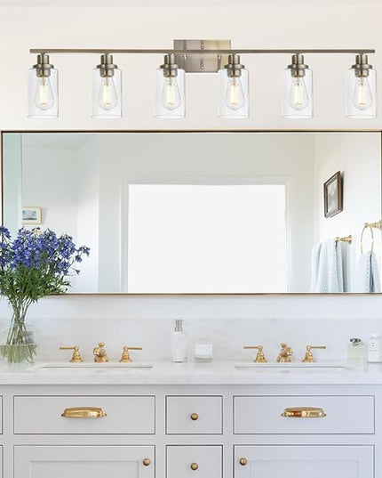 MELUCEE Modern Bathroom Vanity Light Fixtures 6-Light Brushed Nickel Contemporary Wall Light with Glass Shade for Kitchen Living Room Bedroom (Patent No.: US D963914 S)