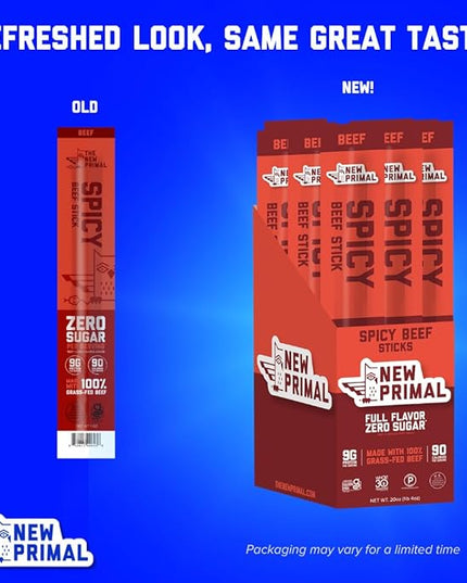 The New Primal Grass-Fed Spicy Beef Sticks, Keto, Gluten Free Healthy Snacks for Adults, Sugar Free Low Carb High Protein Snack, Paleo Whole30 Jerky Stick, 9g Protein, 20 Ct