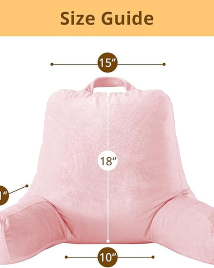 Sasttie Reading Pillow, Velvet Back Pillow for Bed Sitting Up, Adult Back-Rest Support Cushion with Arms for Sit Up on Couch, Sofa, and Floor, Dorm Essentials, Reading Accessories, Pink