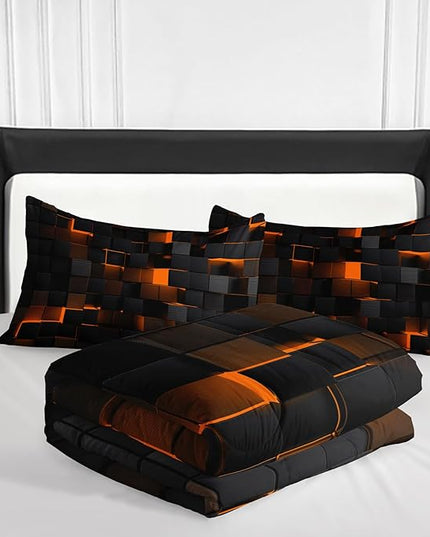 Geometric Yellow Black Comforter Set,Light Honeycomb 3 Piece Bedding Set Full Size for Teen Boys,Modern Quilt Set Geometry Decor,Microfiber Lightweight 1 Comforter 2 Pillowcases All Season