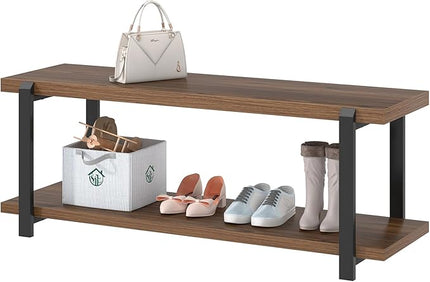 FOLUBAN Entryway Bench with Shoe Storage, Modern End of Bed Bench, Wood and Metal Entry Bench for Hallway Front Door Entrance, Industrial Indoor Bench for Bedroom Living Room, Rustic Walnut, 47 Inch