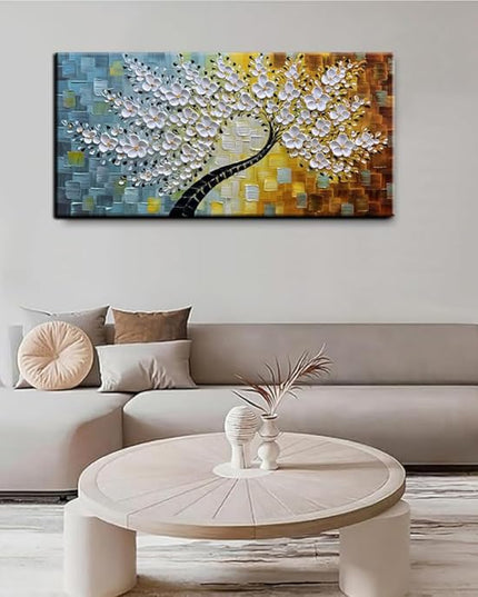 YaSheng Art-Handmade White Flower Contemporary Art Oil Painting On Canvas 3D Texture Abstract Tree Paintings Modern Home Bedroom, Dining Room, Wall Art Decor Ready to Hang20x40inch