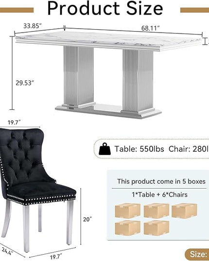 HomVent 68.11'' Faux Marble Dining Table Set for 6, Modern Rectangle Kitchen Table with Stainless Steel Base (Silver Table with 6 Black Chairs, 7 Pieces)