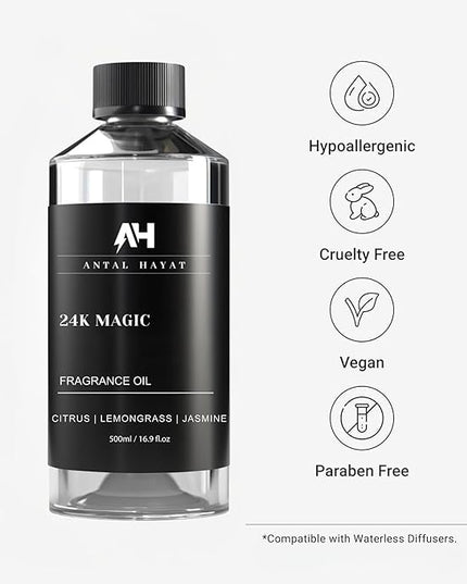 24K Magic Scent Diffuser Oil 500mL - Inspired by Luxury Hotel W Hotels - Notes of Zesty Citrus, Floral Jasmine, & Delicate Lily - Aromatherapy Home Fragrance - 24K Diffuser Oil - AH Diffuser Oils