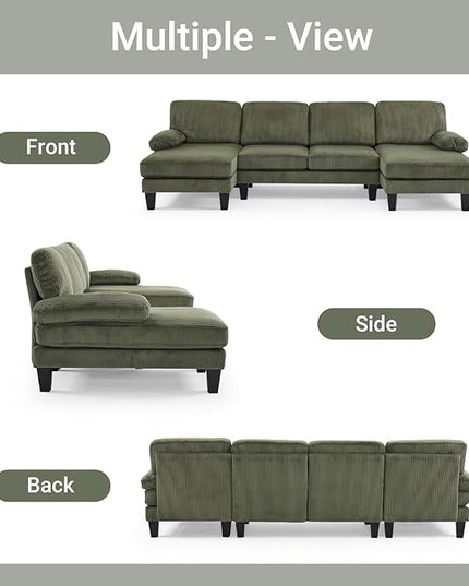VINGLI 110" Sectional Couches for Living Room,U Shaped Couch with Double Chaise, 4-Seat Sofa Set with Corduroy Fabric for Home Furniture,Green